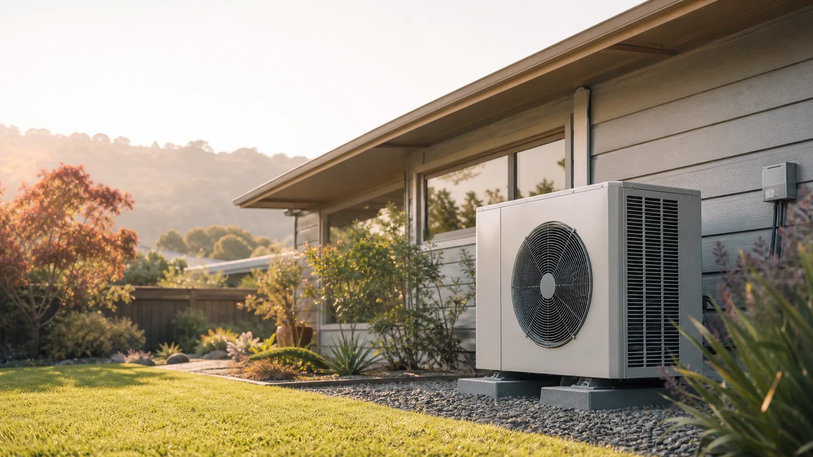 Modern outdoor heat pump condenser beside a mid-century Peninsula ranch home with coastal hills in the background under warm afternoon light