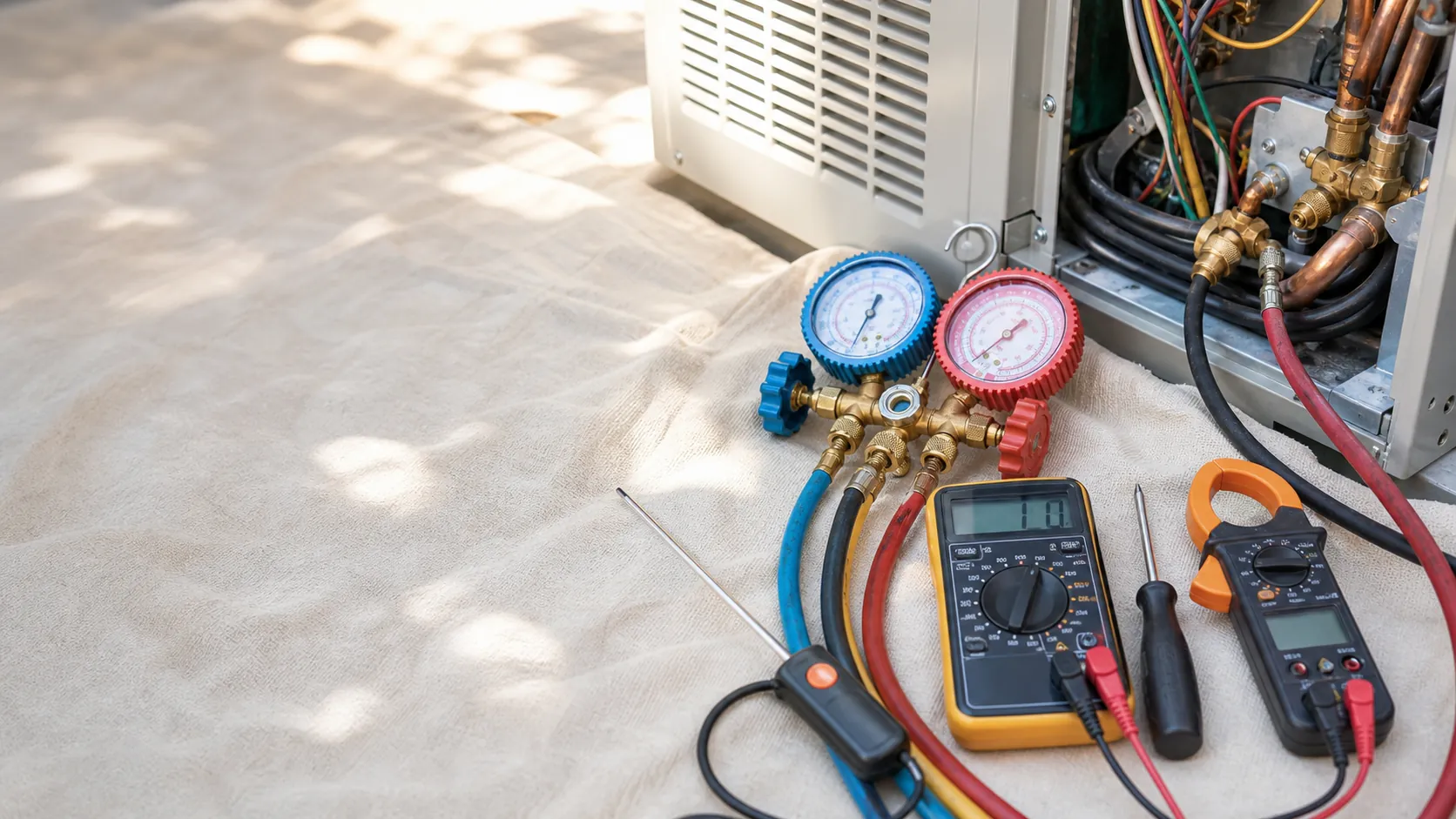Professional HVAC diagnostic tools laid out neatly beside an open air conditioning unit panel