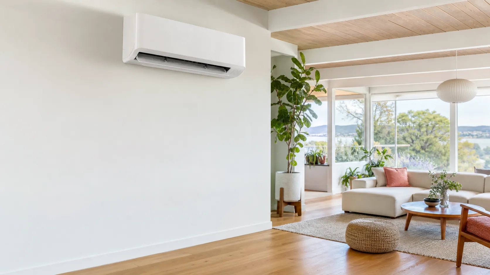 Wall-mounted ductless mini-split head cooling a bright, airy Peninsula living room with large sunlit windows